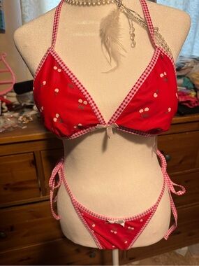Red Cherry Print Gingham Trim Bikini